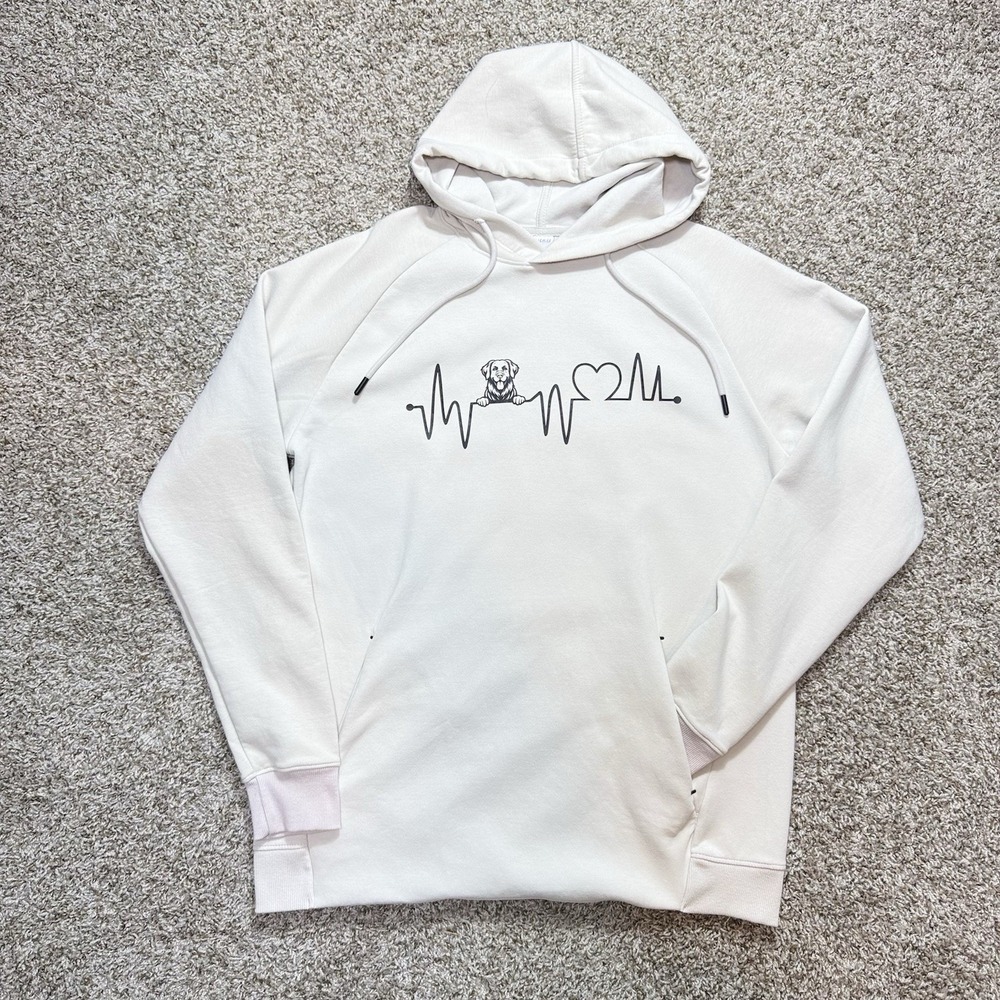 BCG Mens Large Dog Heartbeat Graphic Hoodie Beige Pullover Sweatshirt Pet Lover